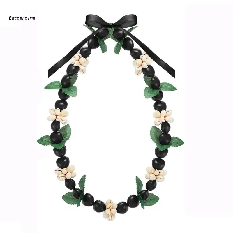 B36D Kukui Nut Lei Necklace Hawaiian Braided Necklace with Ribbon Bow Chunky Acrylic Shells Beads Necklace Graduation Gift