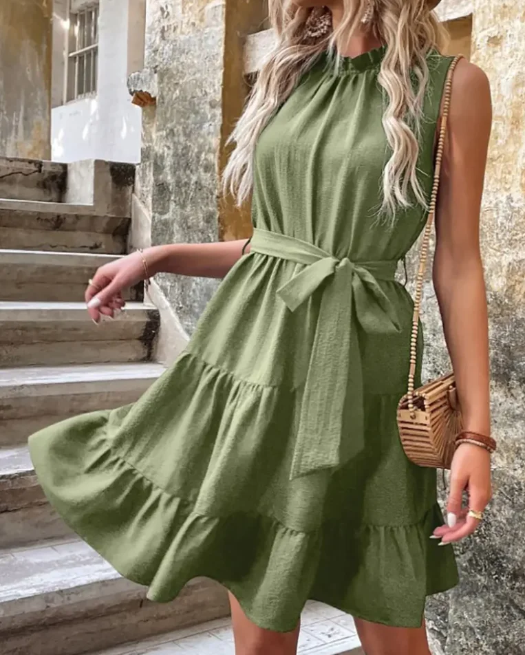 

Женское платье с оборками на подоле без рукавов, модная женская одежда в европейском и американском стиле, ТРАПЕЦИЕВИДНОЕ мини-платье с кру...