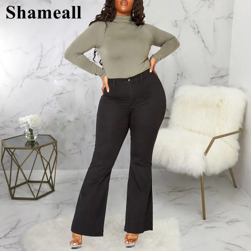 

Plus Size Black Stretchy Skinny Flared Jeans Mom 5XL Women High Waisted Slim Fit Elastic Tight Basic Wide Leg Casual Grunge Pant