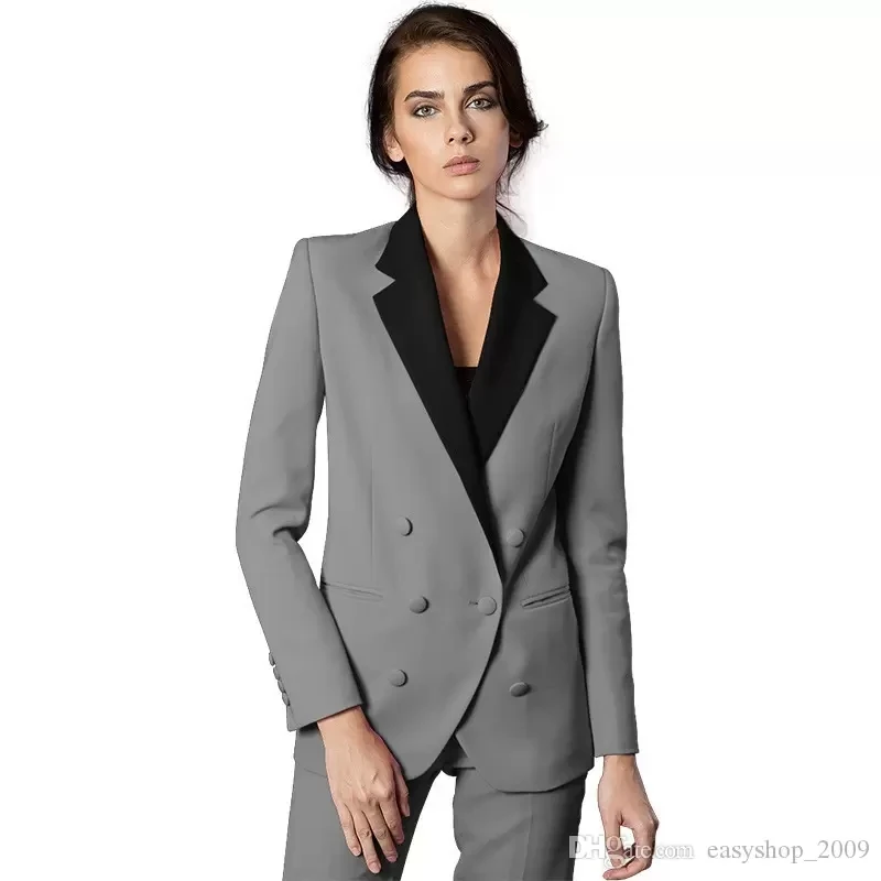 Women's Suits Set 2 Elegant Pieces Double Row Jacket Slim Fit Business Dress Office Wear Women