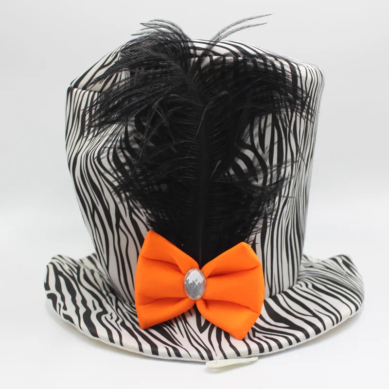 

Party Hat Spotted Jazz Hat Feather Decoration Zebra Flat Brim Big Brim Stripe Pattern Hat Performance Cap Funny Parties Supplies