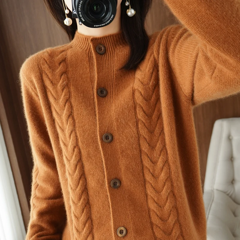 

100% Pure Wool Sweater Autumn/Winter 2022 Women's Stand-up Collar Cardigan Casual Knitted Tops Korean Oversized Female Jacket
