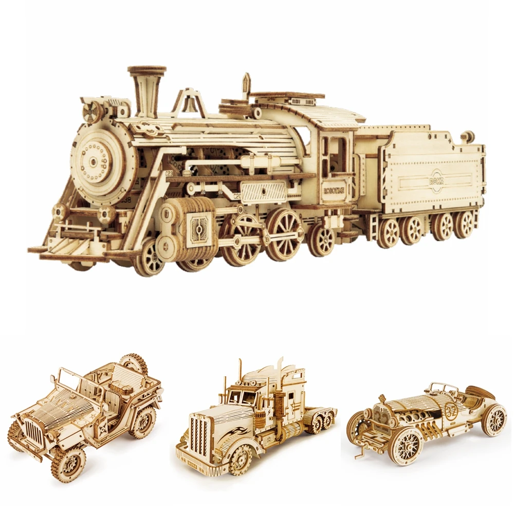 Robotime Rokr 3D Puzzle Movable Steam Train,Car,Jeep Assembly Toy Gift for Children  Wooden Model Building Block Kits