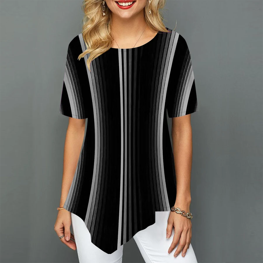 

Casual Women Summer T-shirt Fashion Simple Lines Printed Stretch Loose Shirt Women Clothes Irregular Summer New Tops XS-8XL