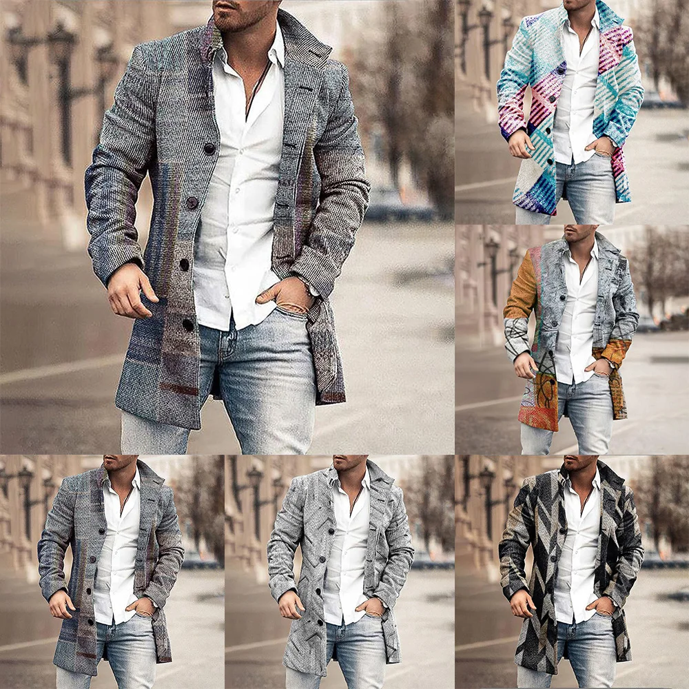 

Western Mens Single-Breasted Coats Autumn Wool Lapel Retro Jacket Classic Long Tops Business Formal Outerwear Long Overcoats