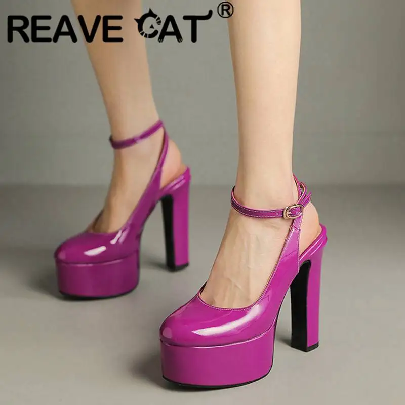 

REAVE CAT Ladies Pumps Patent Leather Round Toe Ultrahigh Heel 13.5cm Platform Hill 4.7cm Buckle Strap Big Size 42 43 Sexy Party