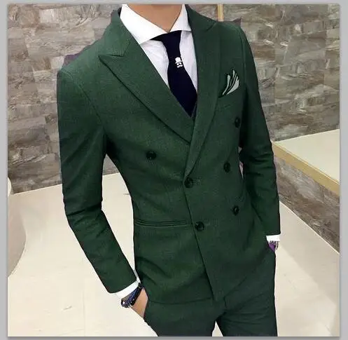 2022 Green Suit Men Slim Fit Double Breasted Groom Tuxedo 2 Piece Custom Prom Wedding Suits Blazer Terno Masuclino Jacket+Pant