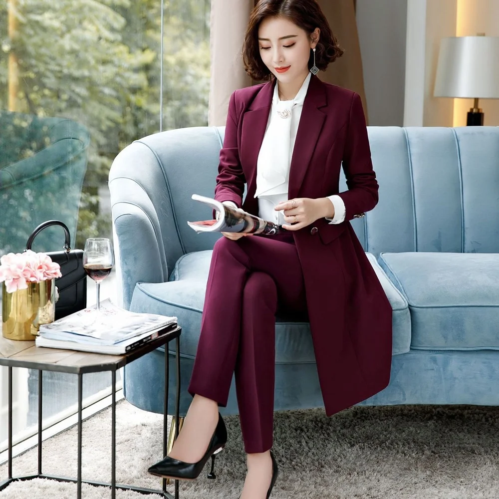 

2023 Autumn Formal Ladies Fuchsia Long Blazer Women Business Suits with Sets Work Wear Office Uniform Large Size Pants Jacket