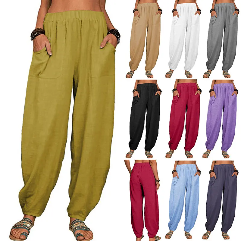 New Spring Summer Women's Everyday Cotton Linen Pants Solid Color Pocket Women's Casual Pants Trend Loose Elastic Pants S-5XL