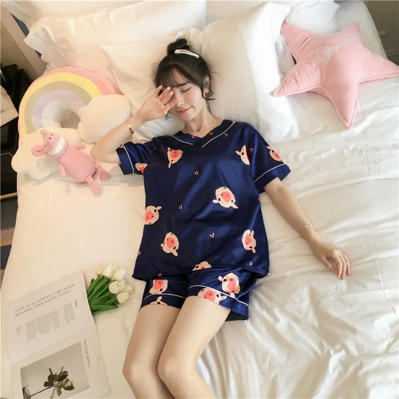 Silk pajamas women's summer short-sleeved Korean version sweet and cute cartoon V-neck pullover home service suit plus size