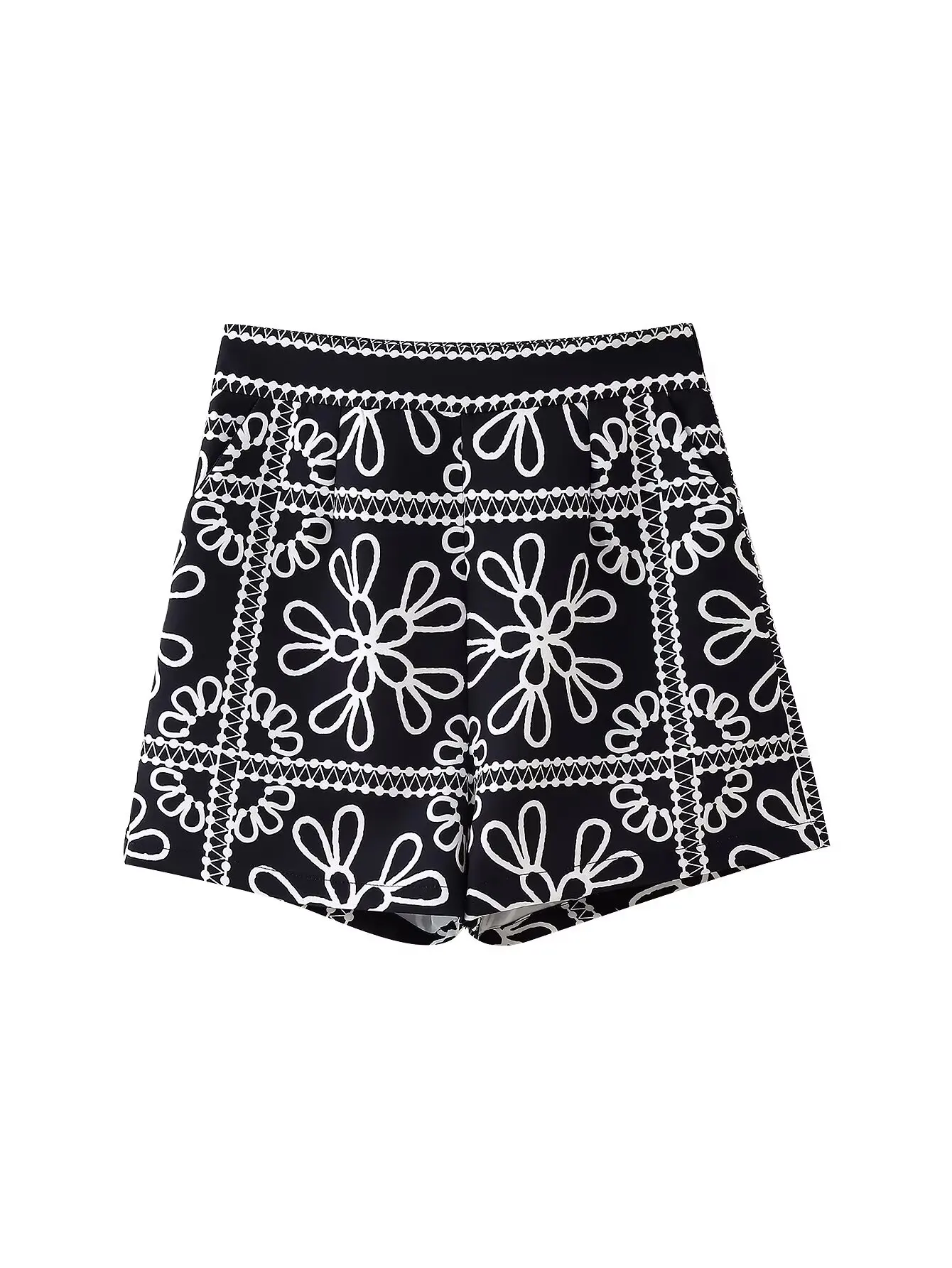 Брюки женские короткие черно-белые с принтом на молнии сбоку