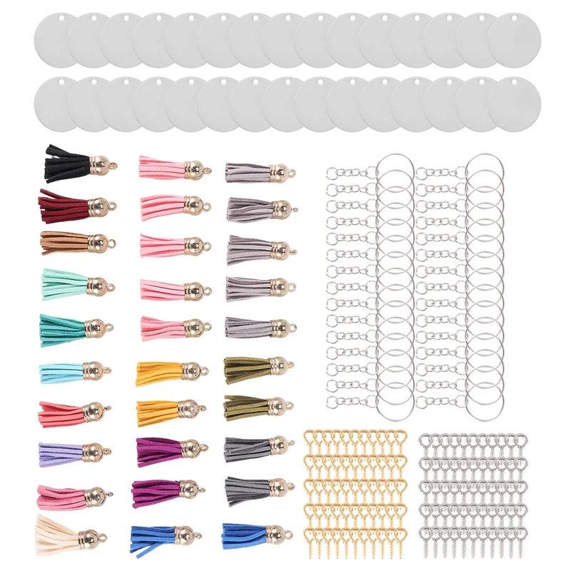 

200 Pcs Acrylic Keychain Blanks Kit With Key Rings Jump Rings Round Clear Discs