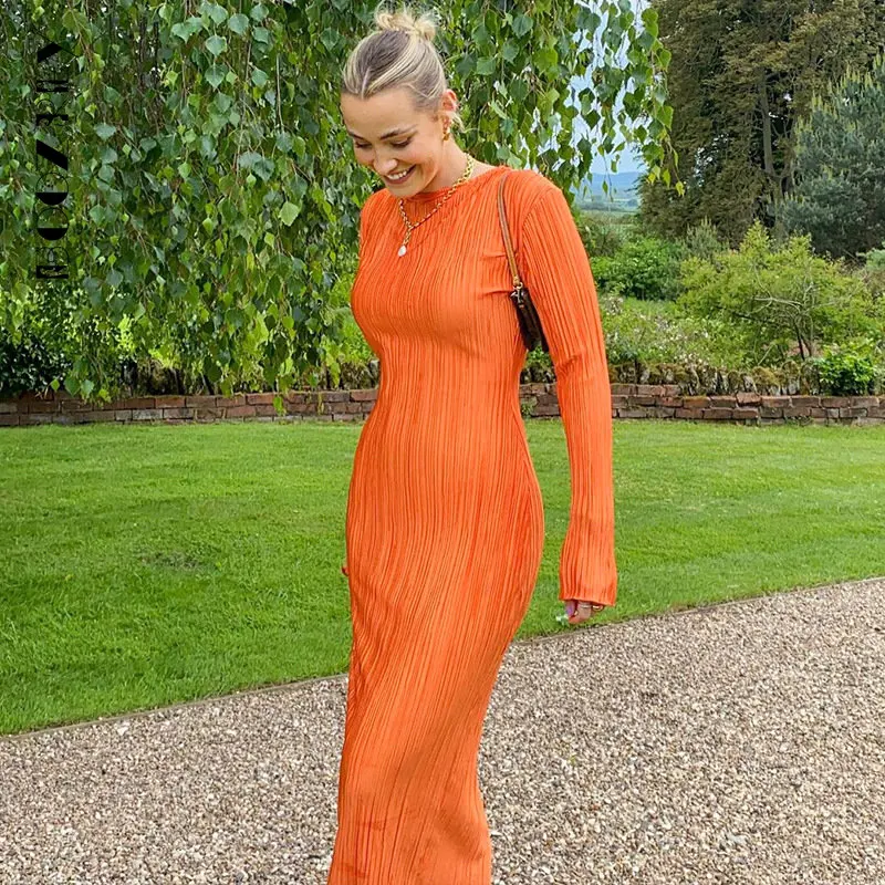 

BoozRey 2022 Spring Summer Y2K Orange Bodycon Maxi Dress Women Elegant Long Sleeve Pleated Dress Casual Slim Plisse Dresses