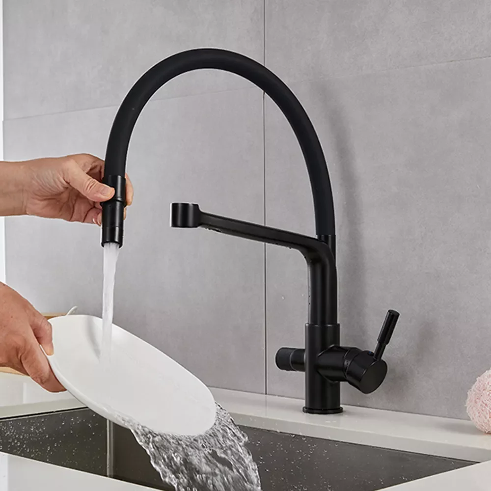 

Water Purification Kitchen Faucet Black Hot and Cold Rotating Pull Out Brass Material Sink Mixer Drinking and Washing Tap