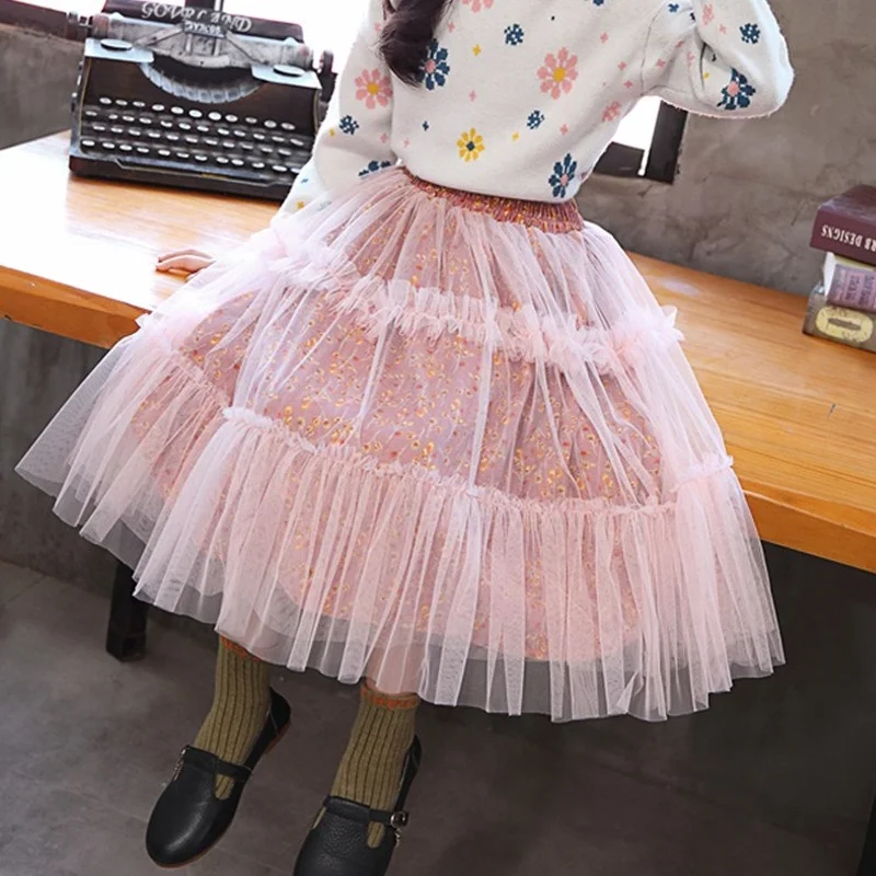 

Skirt for Girls 2022 Spring Mesh Floral Princess Skirt Children's Ball Gowns Fashion All-match School Kids Tutu Skirt Costume