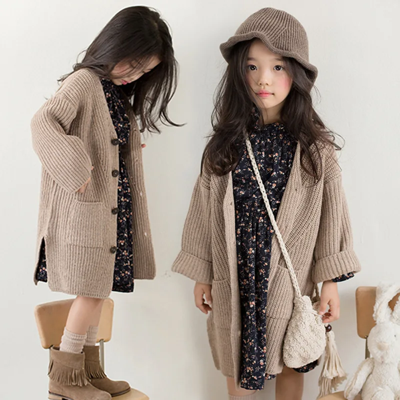 

2023 Winter Baby Girl Clothes Korean Simplicity Mid-length Sweater Cardigan Solid Color Chunky Yarn Knitted Sweater 110-160cm