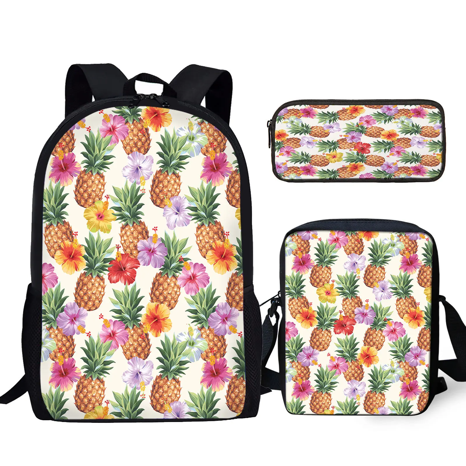 YIKELUO Pineapple/Hibiscus Print Youth Durable Outdoor Travel Bag 3pcs Student Textbook Backpack Messenger Bag Pencil Case