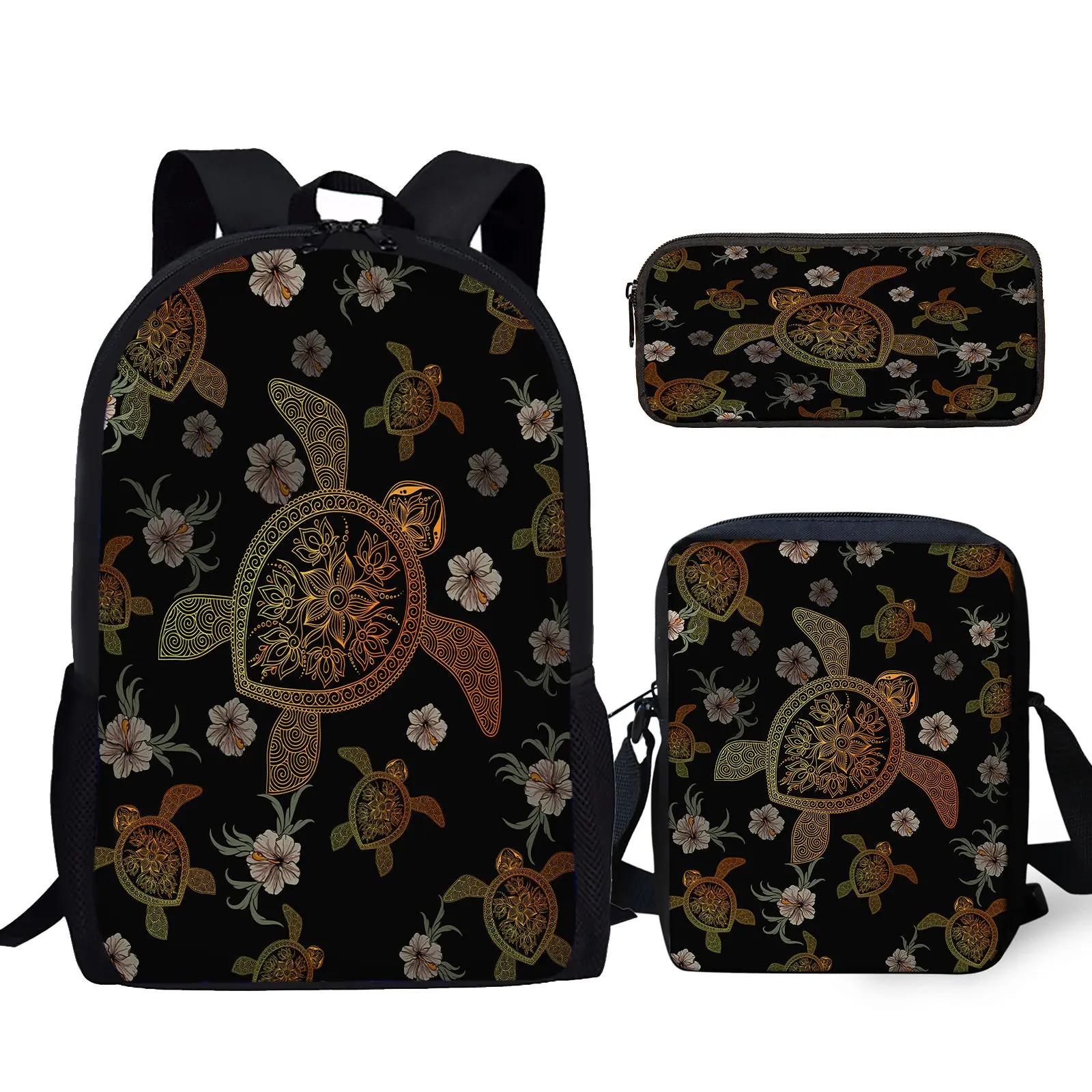 

YIKELUO Golden Tribal Turtle Design Luxury Brand Durable Backpack Hibiscus Print Casual Mochilas Messenger Bag With Zipper