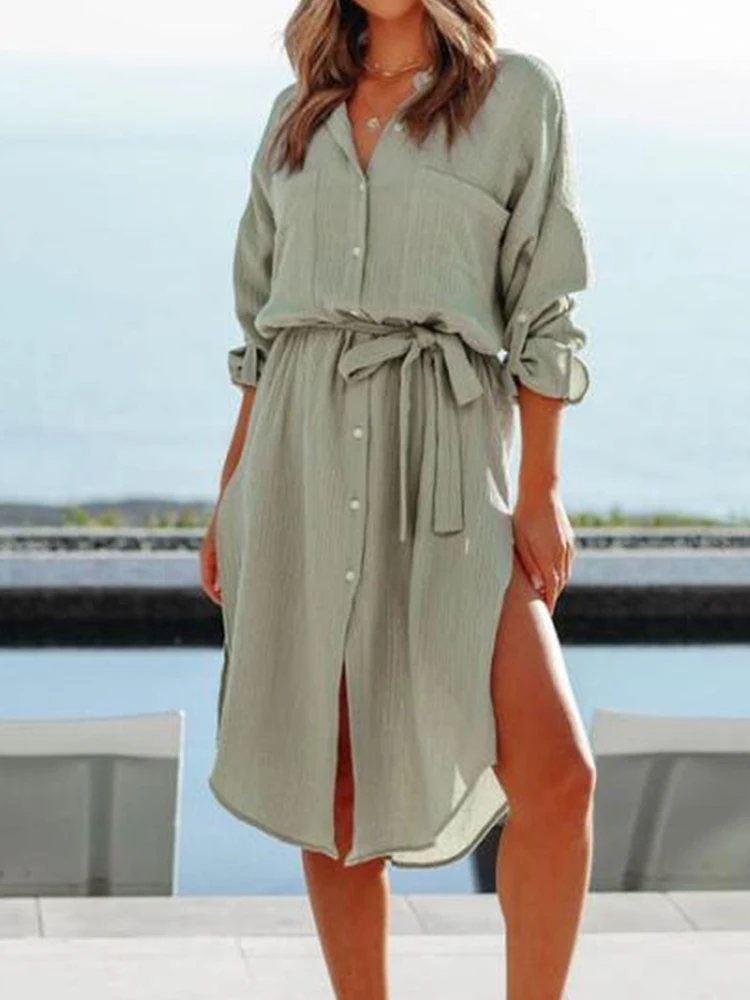

Office Women Turn-down Collar Lace-up Dress Fashion Simple Solid Long Sleeve Dress New Cotton Linen Loose High Split Shirt Dress