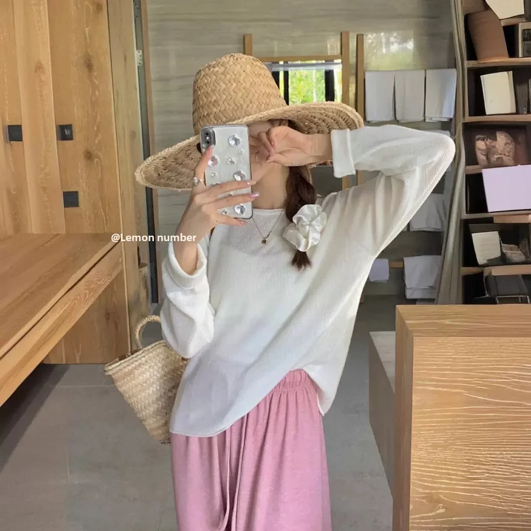 Новый сезон Свободный пуловер с круглым вырезом легкий Вязаный топ из смесовой