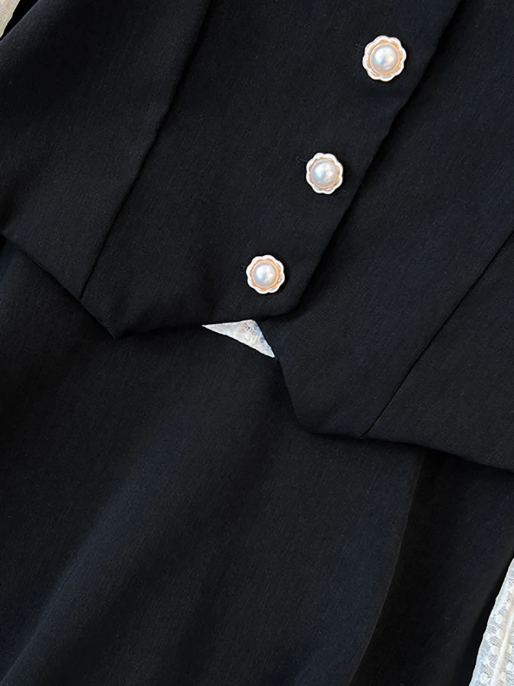 2024 черное лоскутное кружевное платье миди с длинным рукавом женское модное из