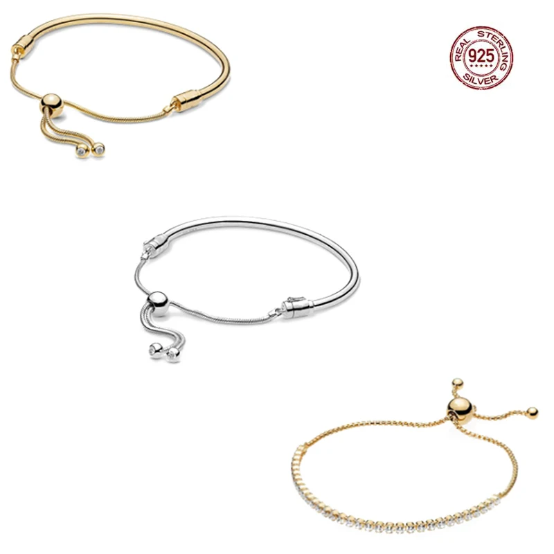 

100% Genuine S925 Sterling Silver Shiny Simple Smooth Adjustable Bracelet for Girlfriend Wife Holiday Gift Jewelry