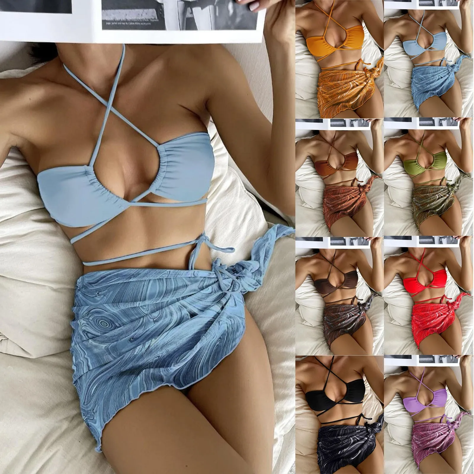 

Женский модный комплект бикини на завязках с короткой юбкой, сетчатый купальник бикини (3 комплекта с накладками на груди без стального бюстгальтера), женская одежда