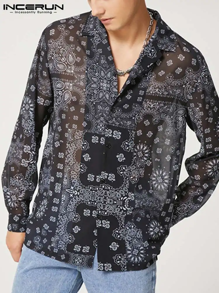 

Men Casual Shirt Printing Lapel Long Sleeve Button Loose Fashion Camisas 2022 Streetwear See Through Thin Shirts S-5XL INCERUN