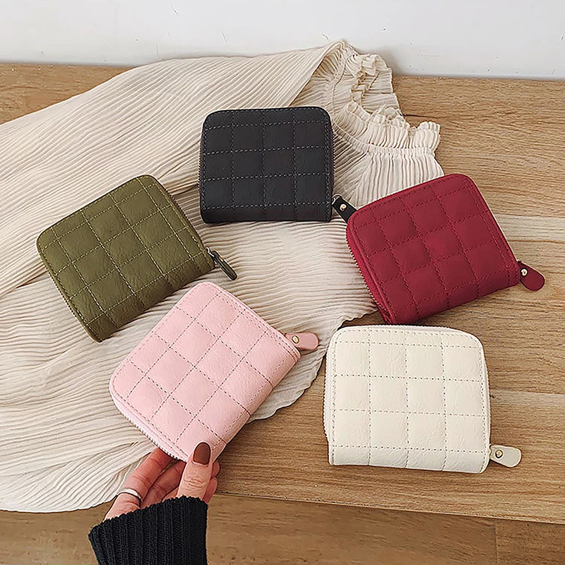 

Women Fashion Small Zipper Wallet With Coin Purse PU Leather Plaid Purses Ladies Cute Mini Korean Version Small Card Pack New
