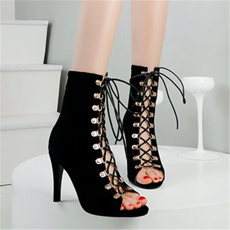 

2023 New Fashion Black Summer Sandals Lace Up Cross-tied Peep Toe High Heel Ankle Strap Net Surface Hollow Out Sandals