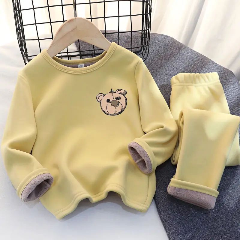 Children's Warm Pajamas Boys' Plus Velvet Padded Suit Girls' Winter Wear Bottoming Pants