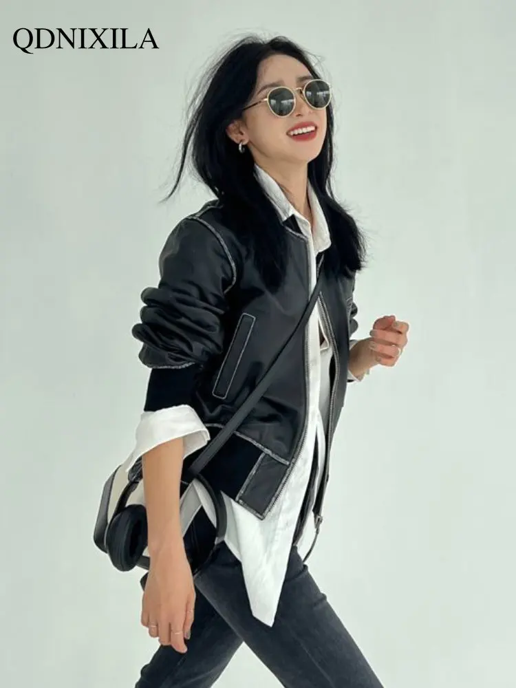 Baseball Collar White Lacquer Tie Dyeing Leather Jacket Women High Imitation Sheepskin Jackets Women's Moto Biker Zipper Jacket