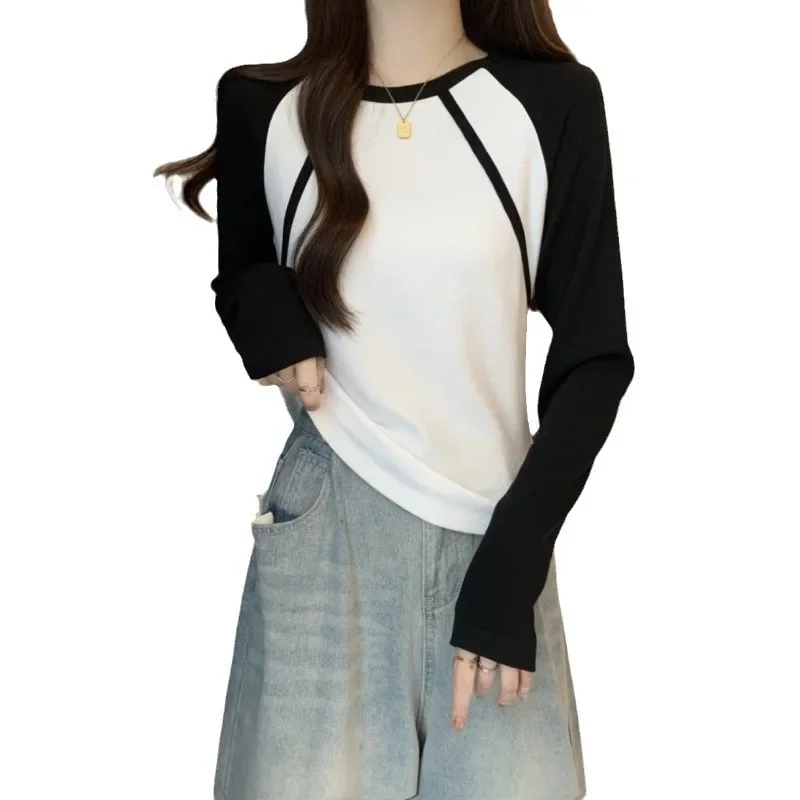 Футболки с длинными рукавами цветными блоками женские повседневные нишевые
