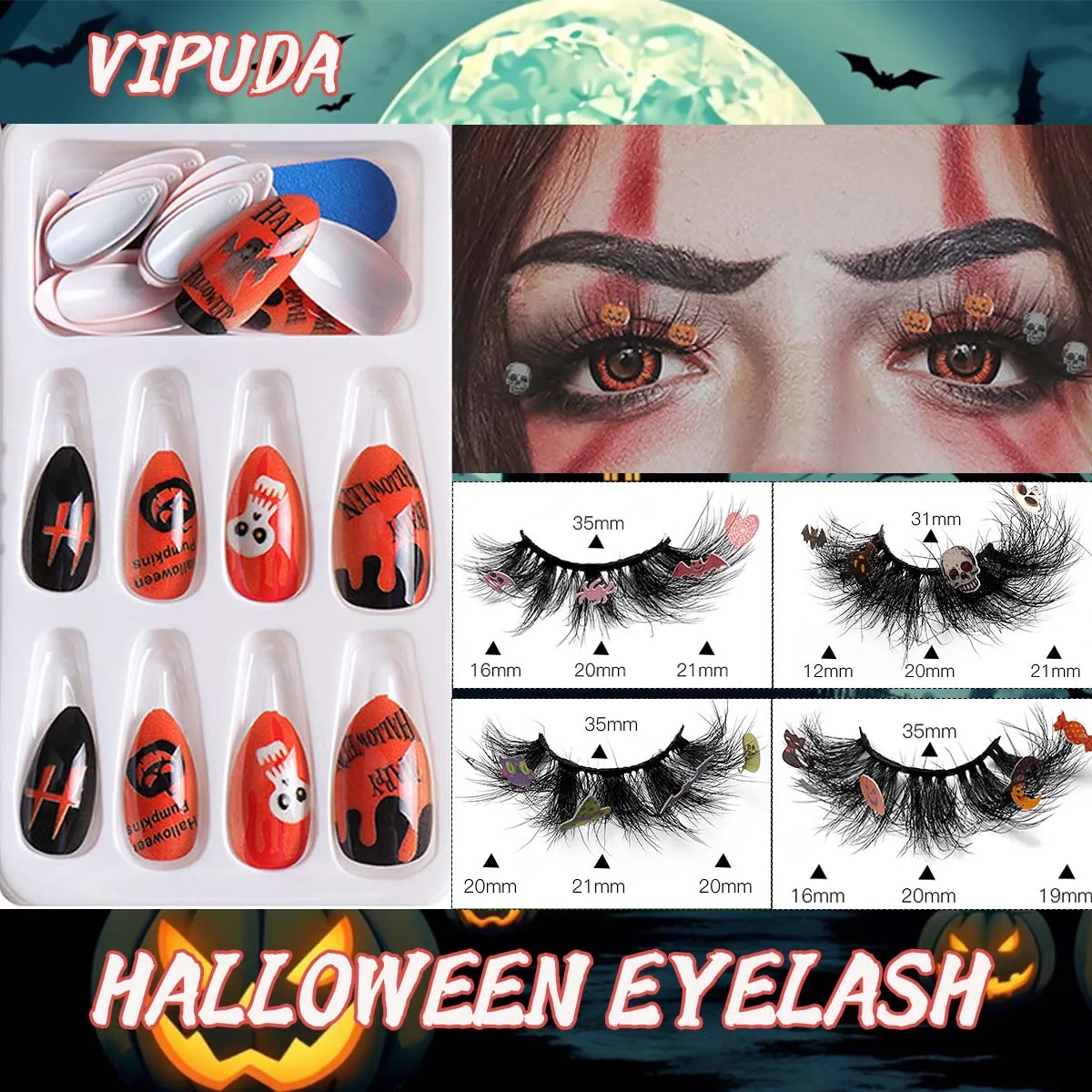 

Halloween Costume Cosplay Colorful False Eyelashes and Nail Art Set Glitter Party Makeup Witch Artificial Anime Eyelashes