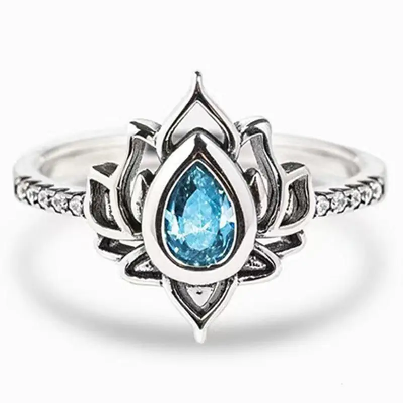 

Lotus Flower Ring Acid Blue Cubic Zirconia Rings for Women Vintage Wedding Jewelry Woman Engagement Ring Finger Accessories Gift
