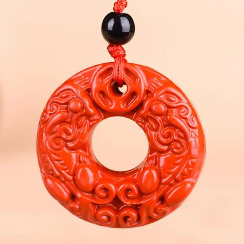 

Natural Red Organic Cinnabar Double Pixiu Pendant Men Women Cinnabrite Crystal Wealth Brave Troops Feng Shui Charms Lucky Amulet