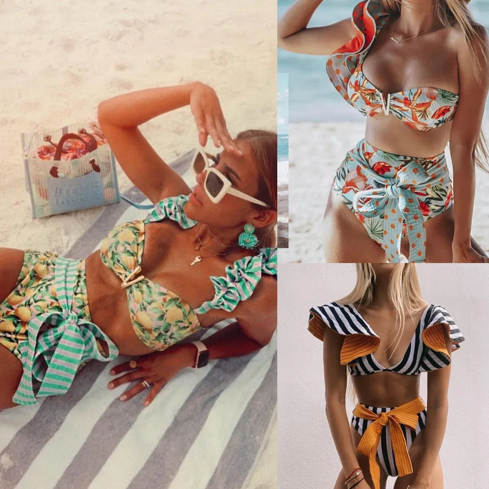 Big Ruffled Bandage Bikini Print Swimsuit 2022bikini New High Waist Swimsuit