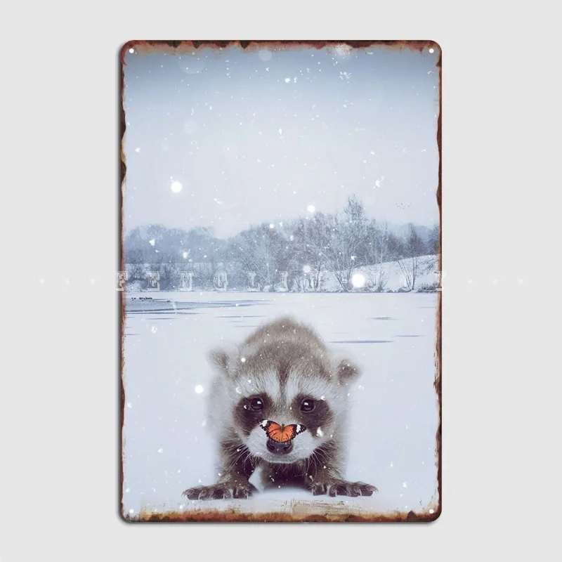 Детский енот под снегом металлический знак настенная роспись забавная оловянный