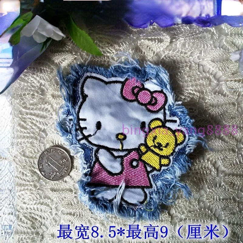 

Hello Kitty Cartoon Hand-Stitched Embroidered Denim Terry Fabric Stickers Jeans Knee Patch Width 8.5 Height 9