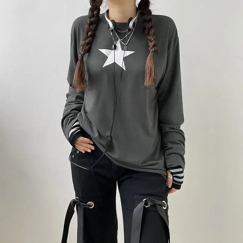 

Y2K женская рубашка с длинным рукавом и принтом звезд, 2023, весна-осень, винтажный свободный базовый топ, готический гранж, уличная одежда, женская футболка с графическим принтом