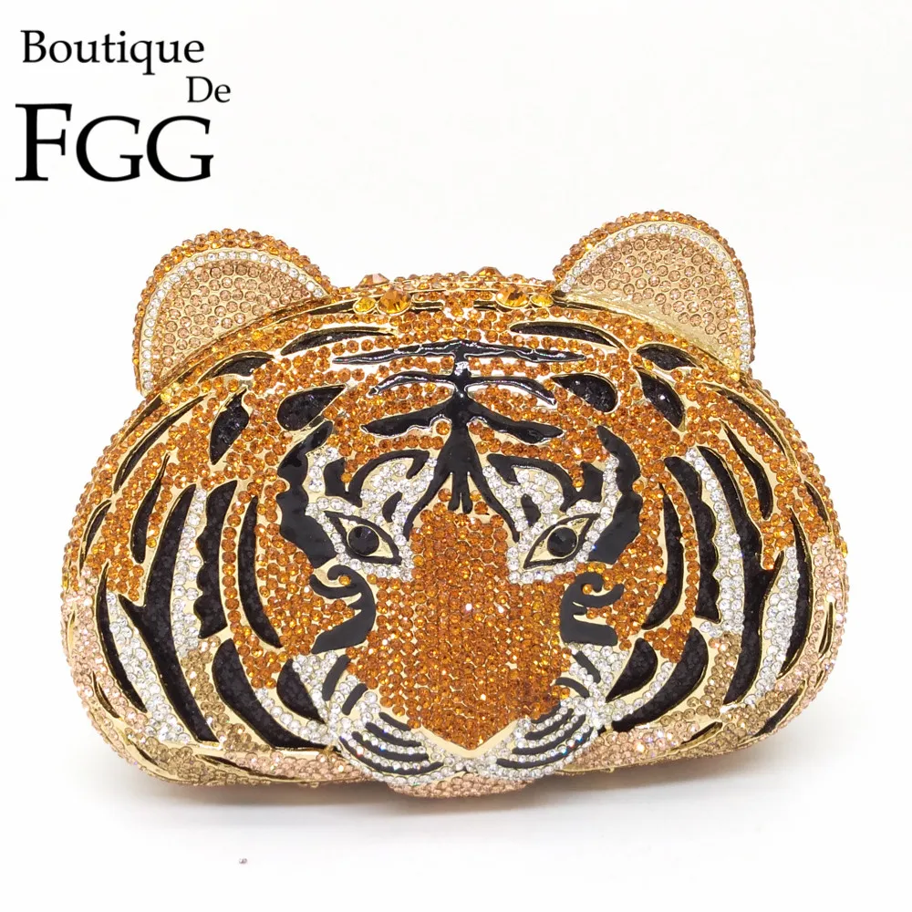 Boutique De FGG Tiger Head Women Clutch Minaudiere Purses Party Dinner Rhinestone Handbags Crystal Evening Bags and Clutches