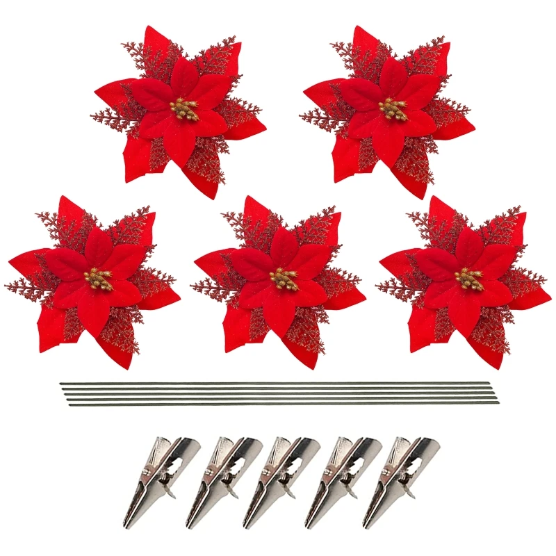 

594C 5 шт. 15 см блестящие Искусственные Рождественские цветы с зажимами стебли украшения для рождественской елки украшения для венка дома Новый год