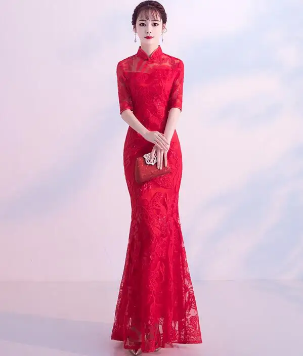 

Chinese Wedding Dress Women Cheongsam Summer Lace Qipao Red Long Fish Tail Bride