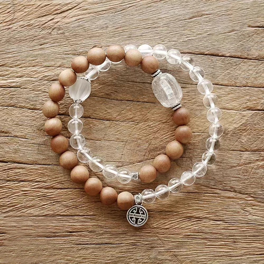 

Sandalwood Fragrant Wood Buddha Bead Women's Two-ring White Crystal Bracelet Party Jewelry Fashion Lucky Jewelry Gifts Misfrss