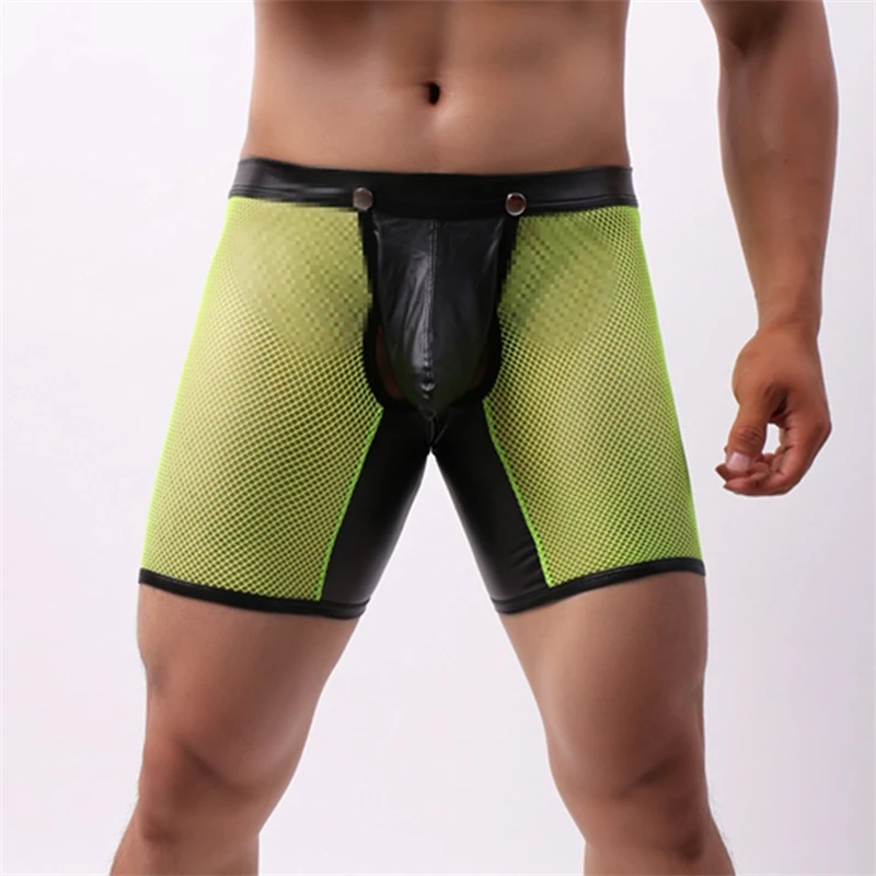 

Boyshorts Boxer Briefs Men Leather Mesh Patchwork Panties Hollow Crotch Open Gay Man Hot Sexy Erotic Underwear Male Underpants