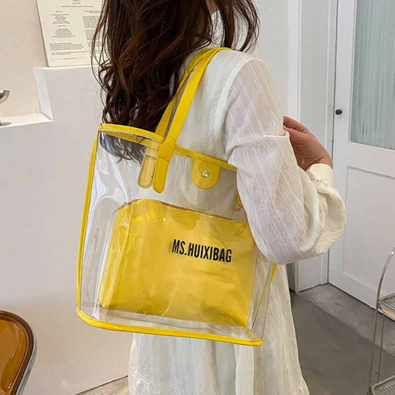 

Summer Transparent PVC Shoulder Bag 2pcs/set Large Capacity Waterproof Composite Tote Bag Seaside Beach Armpit Bag 2023 Female