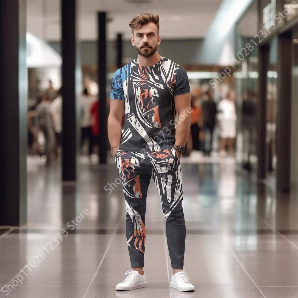 2023 Tracksuit Men Short Sleeve T-Shirt+Pants Two Piece Set Man Sportswear Fashion 3D Printing Casual Streetwear Clothes For Men