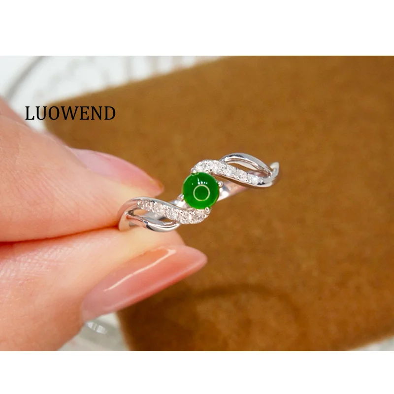 LUOWEND 100% 18K кольца из белого золота блестящие бриллианты натуральный жадеит