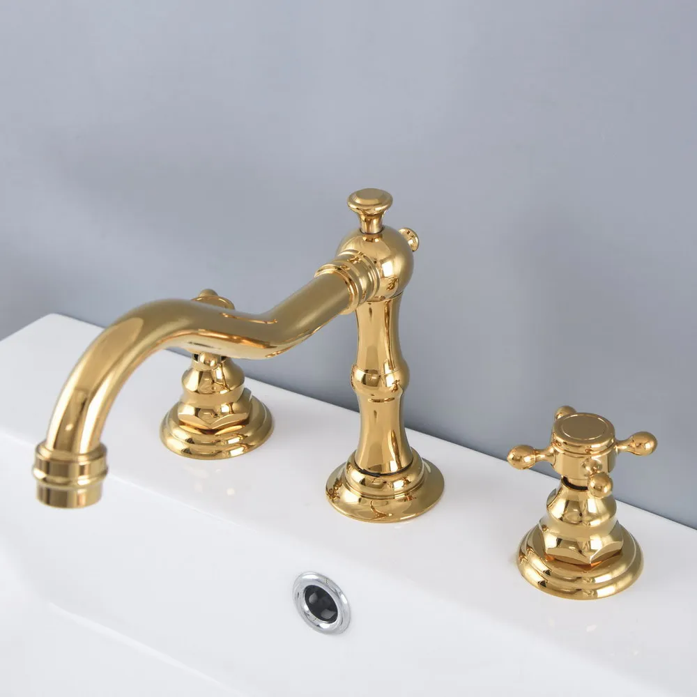 

Gold Color Brass Widespread Dual Handle Bathroom Washing Basin Mixer Taps Deck Mounted 3 Holes Lavatory Sink Faucet anf981