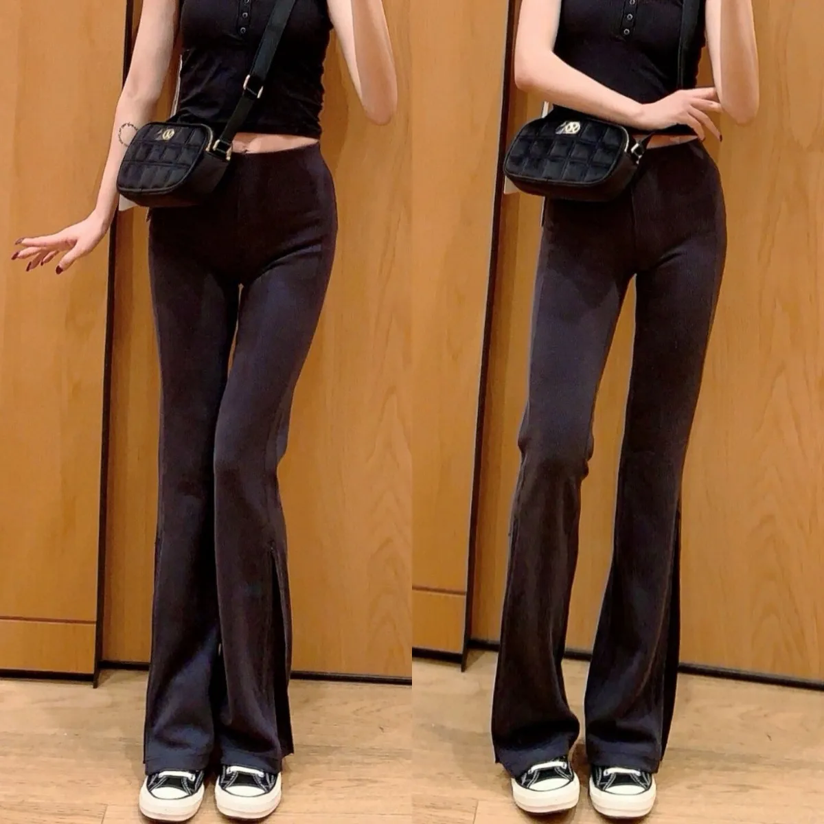 Фланелевые узкие брюки для йоги с расклешенной молнией в рубчик и высокой талией